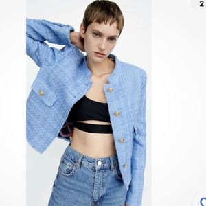 Zara Lined Textured Tweed Jacket Crop 8270/397 Sky Baby Blue Sz XS